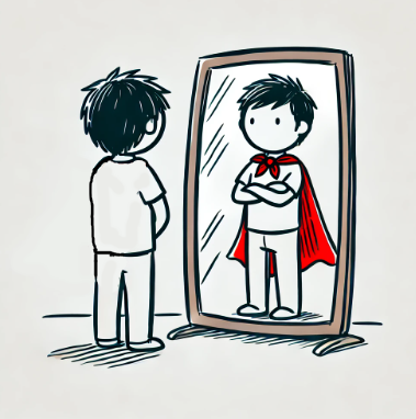 Mann im Spiegel mit Umhang.